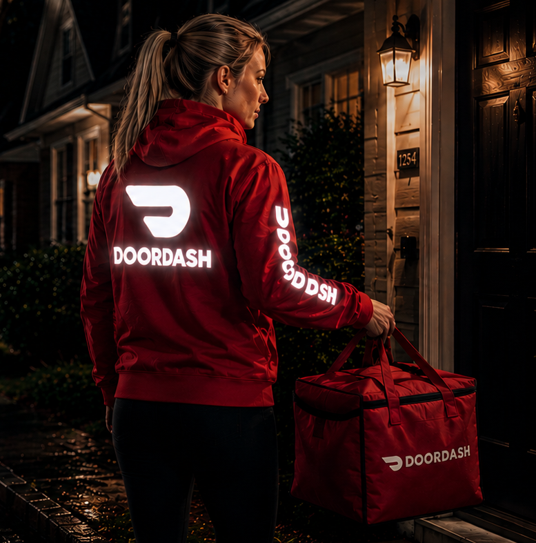 DoorDash delivery driver wearing a reflective red doordash hoodie while delivering at night holding a doordash delivery bag.