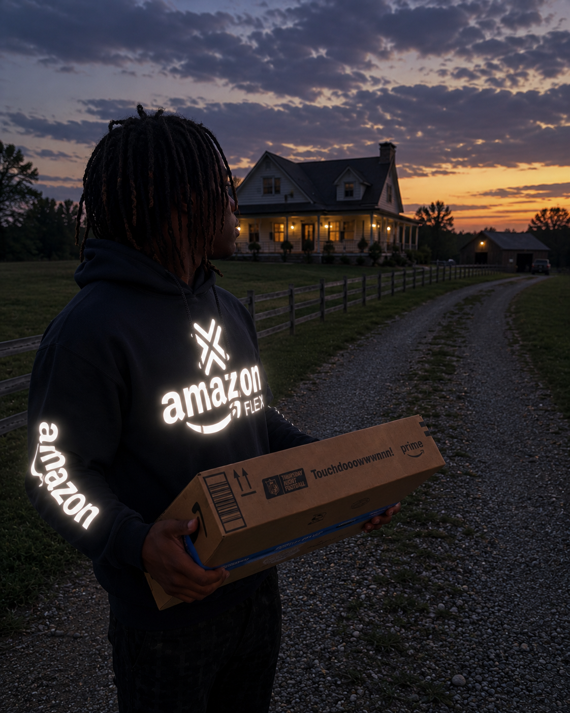 Amazon Flex delivery driver wearing a navy reflective Amazon Flex hoodie while delivering at night holding an Amazon package box
