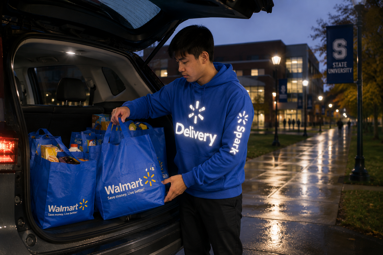 Walmart Spark delivery driver wearing a blue reflective hoodie while delivering at night holding Walmart grocery delivery bags