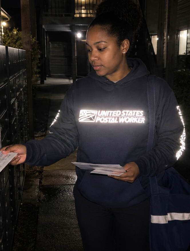 United States Postal Worker Carrier driver wearing a navy reflective hoodie while delivering at night while putting mail in a mailbox