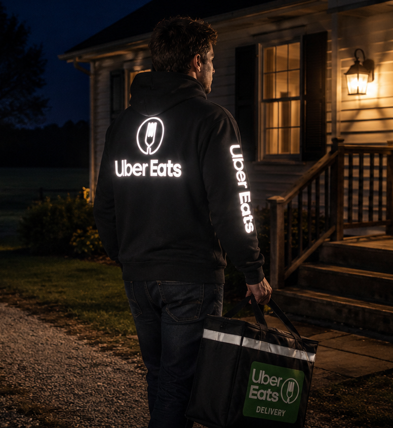 Uber Eats delivery driver wearing a black reflective Uber Eats hoodie while delivering at night holding an Uber Eats delivery bag.